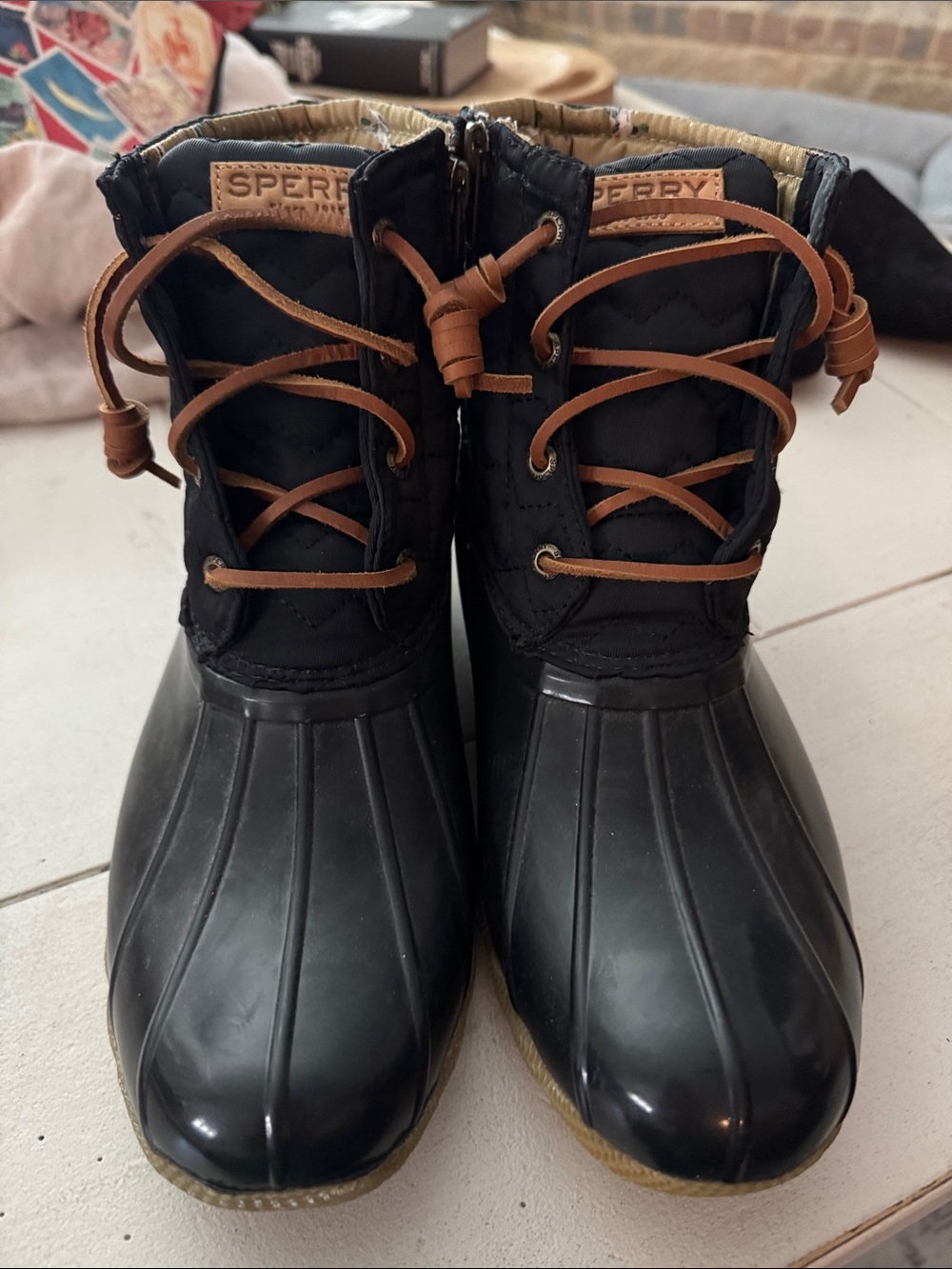 Sperry Navy Blue Duck Boots with Brown Lace Accents